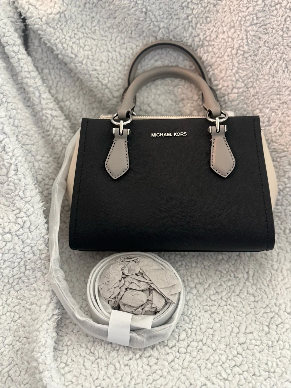Michael Kors Black Satchel with Grey Handles and Cream Sides